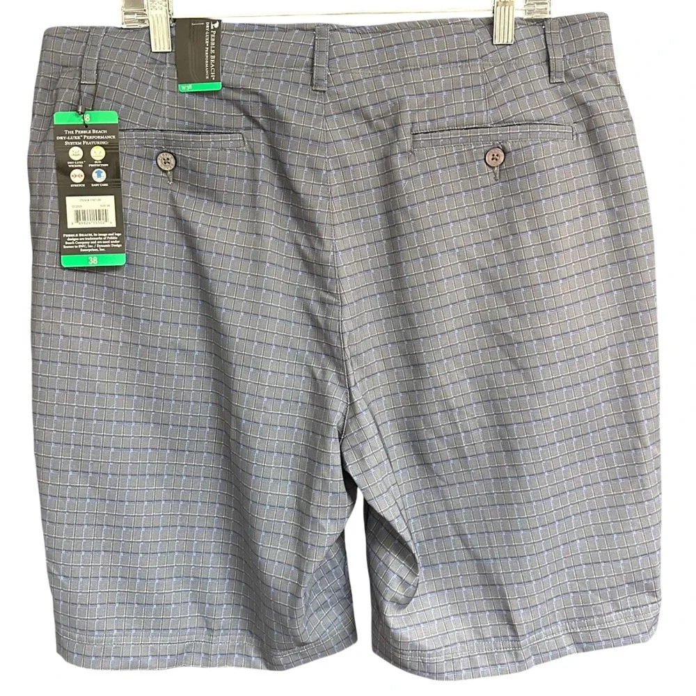 Pebble Beach Mens Dry-Luxe Performance Golf Shorts Grey Blue Grid Size 38 NWT